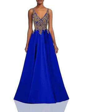 Women's V Neck Appliques Prom Dresses Long Satin Evening Dress